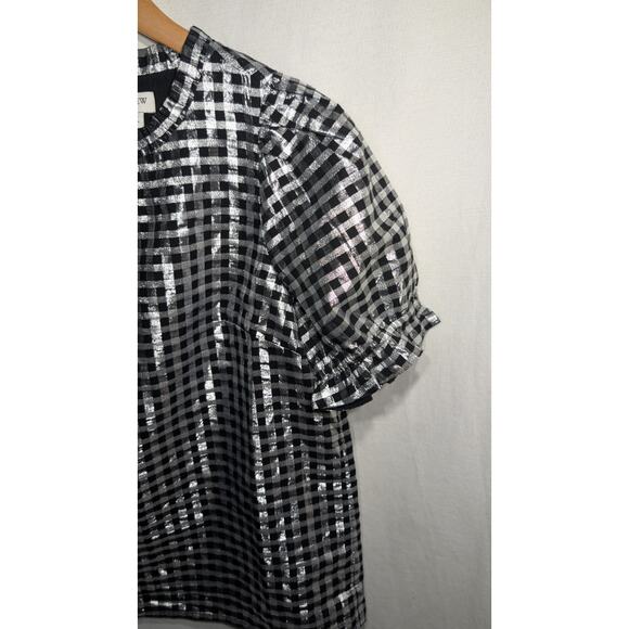 J Crew Womens Metallic Shiny Gingham Puff Sleeve Top Sz XS Ruffle NWT Futuristic - Picture 2 of 7